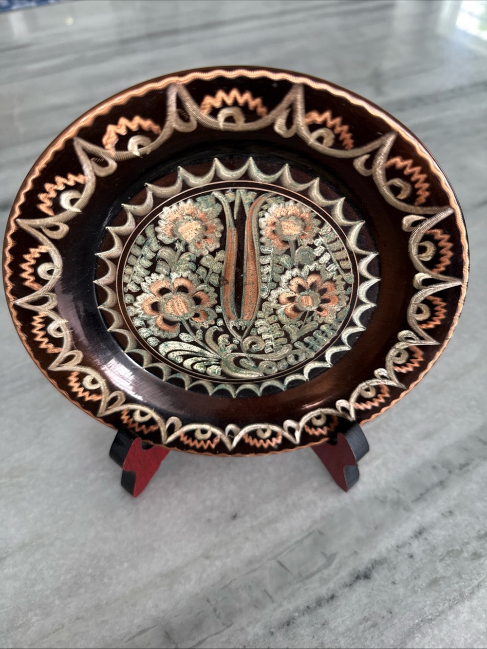 Vintage Copper Floral Motif Plate - 6 1/2”